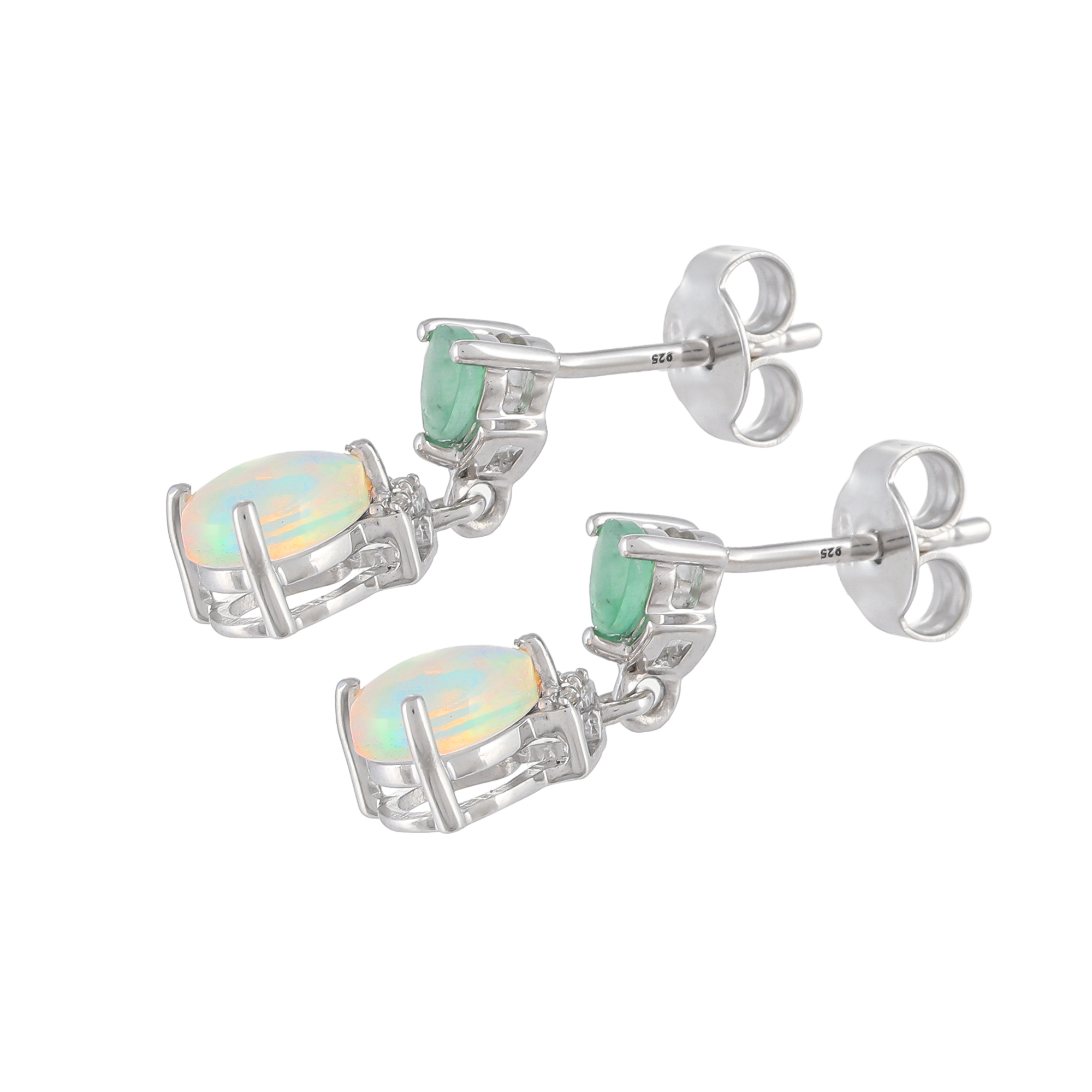 Boucles d'oreilles en argent 925, Opale, Emeraude, Zircon Naturel Ton'Ciel en pierres naturelles